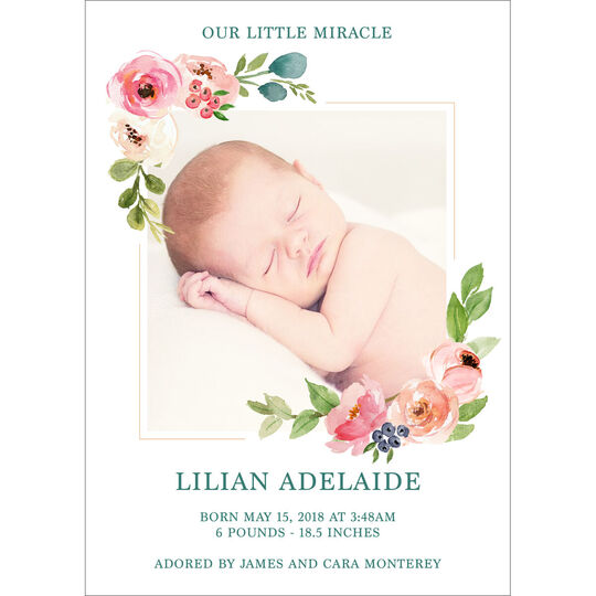 Pink Corner Flower Photo Birth Announcements